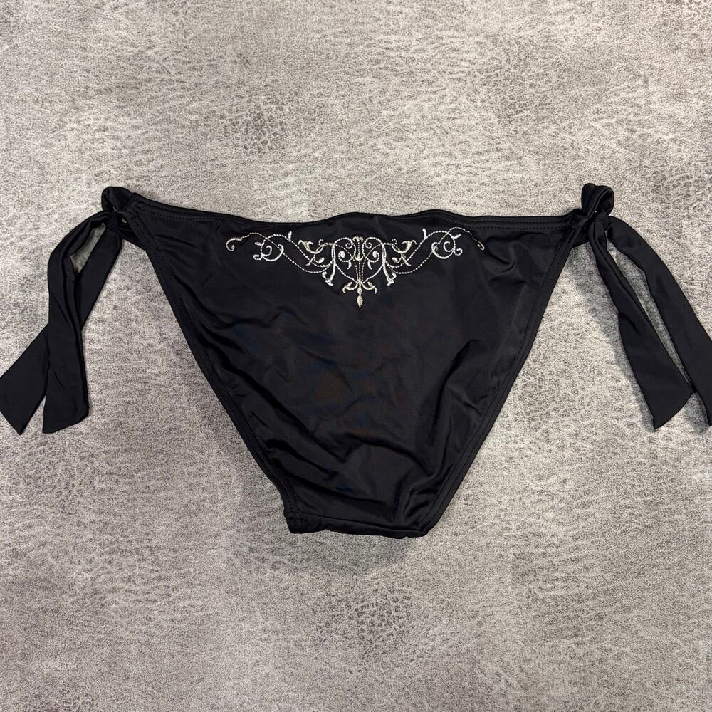 Black Y2k Metallic Embroidered Bikini Bottoms